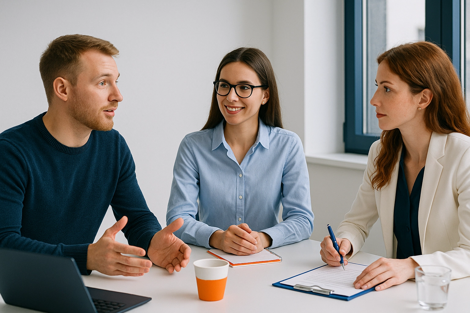 Drei Personen im Business Meeting, Schreibutensilien auf dem Tisch