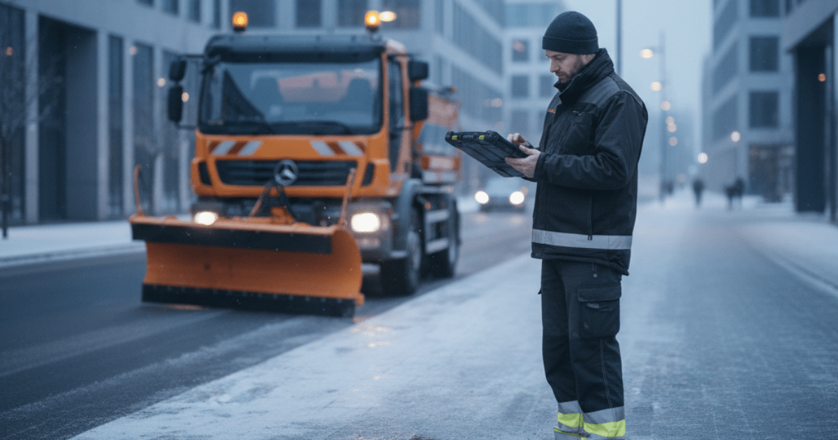 Einsatznachweis im Winterdienst: Fahrer prüft Einsatzdaten bei Glätte
